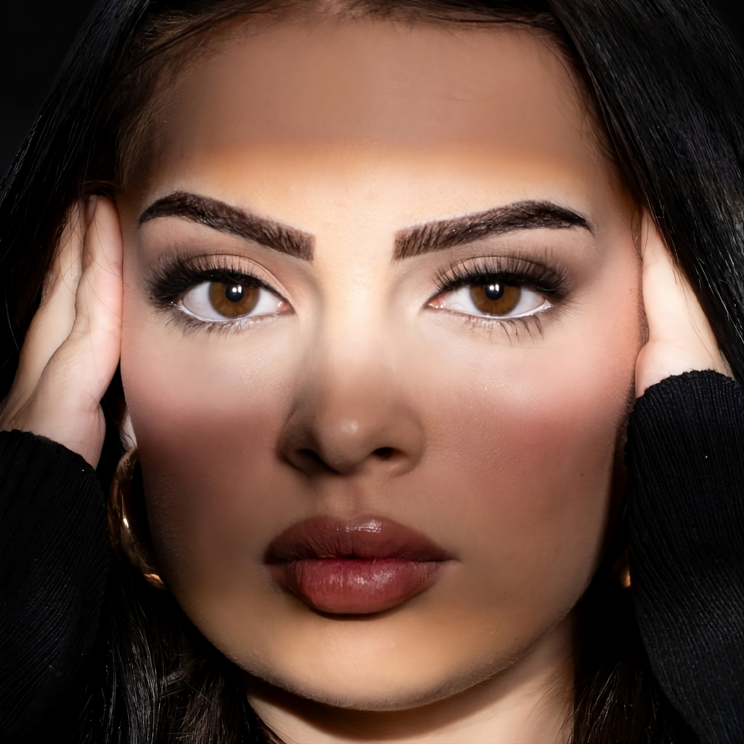 Model trägt handgefertigte Blue Wimpern mit natürlichem Look, vor schwarzem Hintergrund in Szene gesetzt.“