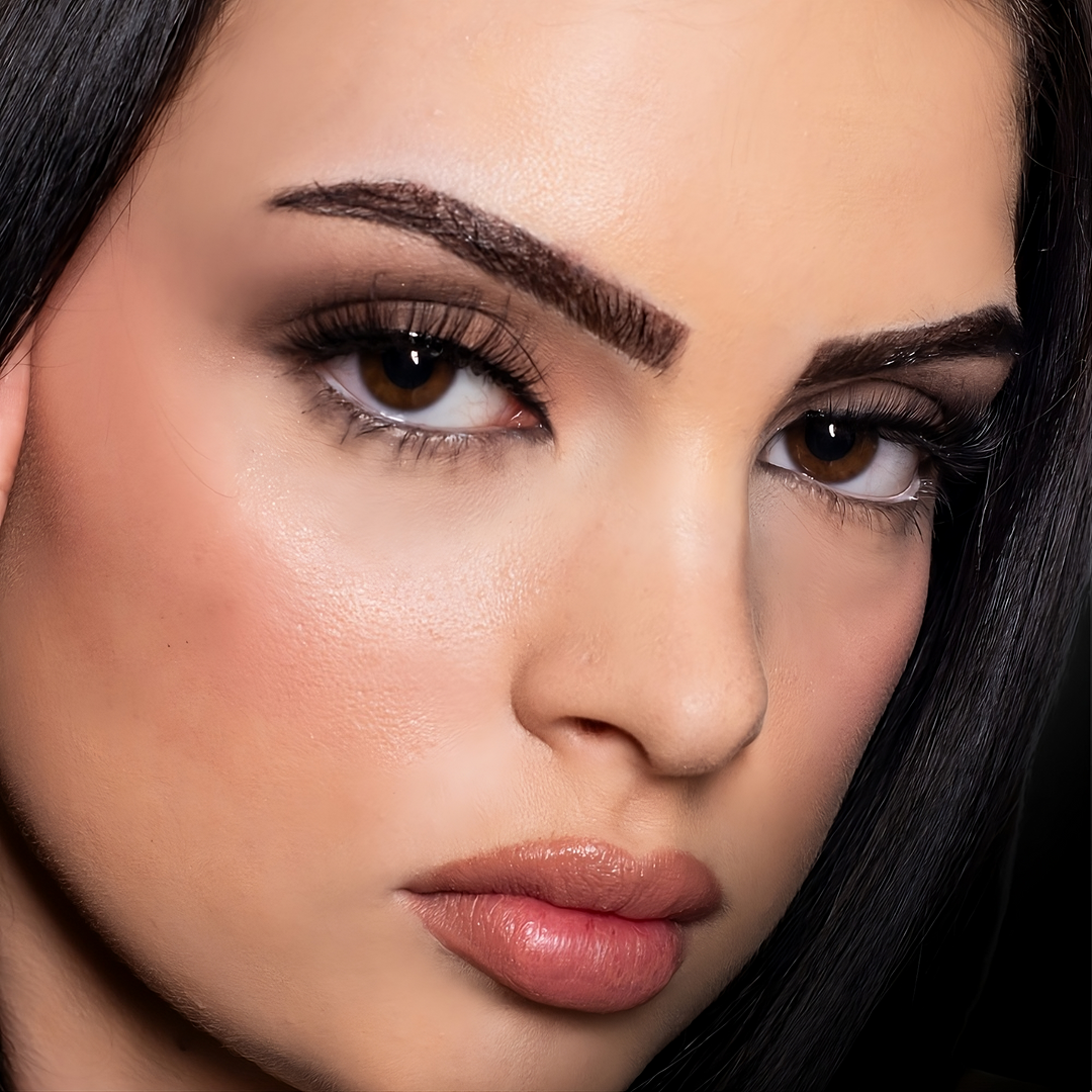 Model trägt Honey Wimpern mit natürlichem Volumen und Länge, Nahaufnahme des Gesichts vor schwarzem Hintergrund.